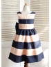 Pink Navy Blue Stripe Taffeta Knee Length Flower Girl Dress